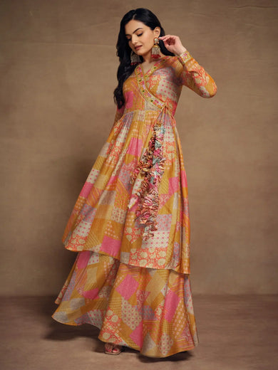 Glamorous Mustard Yellow Digital Printed Muslin Silk Palazzo Suit